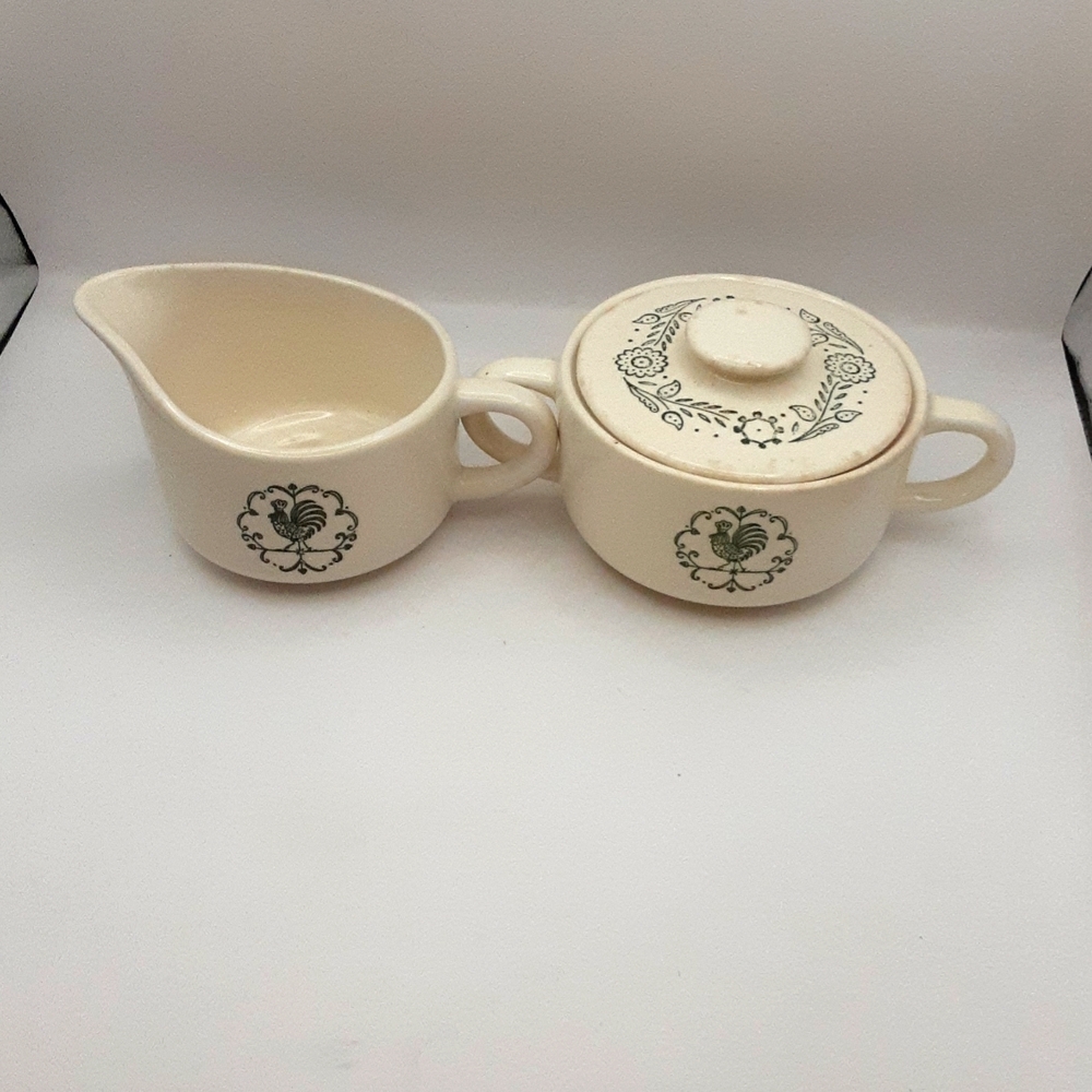 Vintage Scio Pottery Provincial Green Rooster Weather Vane Creamer & Sugar Bowl